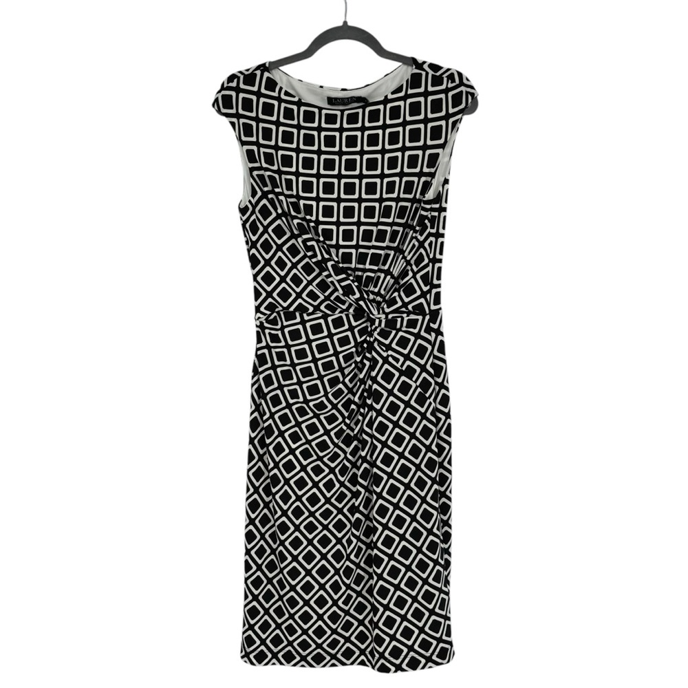*Lauren Ralph Lauren 8 Black/White Stretch Twist Front Geometric Print Dress